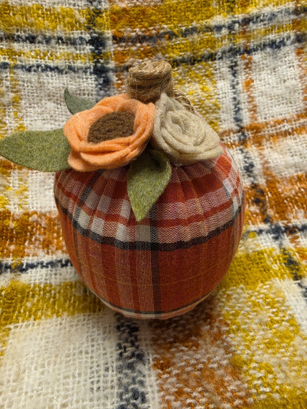 Homemade Orange Plaid Fabric Pumpkin with Felt Flowers